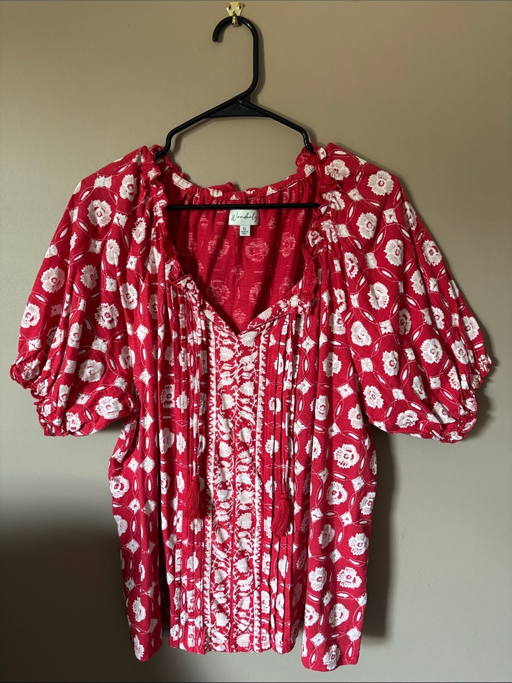 Wonderly Red Floral Peasant Top with Puff Sleeves